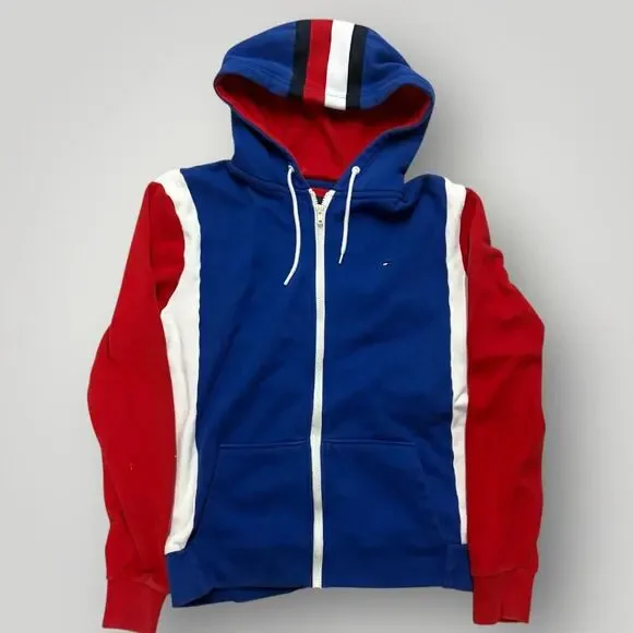 Tommy Hilfiger Hoodie Full Zip Large Color Block Flag Retro 90s Blue Red White - Picture 1 of 6